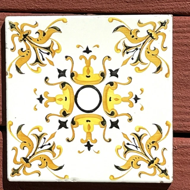 Vintage ONDA Espana Spain Hand Painted White Black Yellow 8" X 8" Ceramic Tiles 7