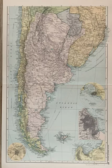 1907 Chile, Argentina, Uruguay, Paraguay Original Antique Map by G.W. Bacon