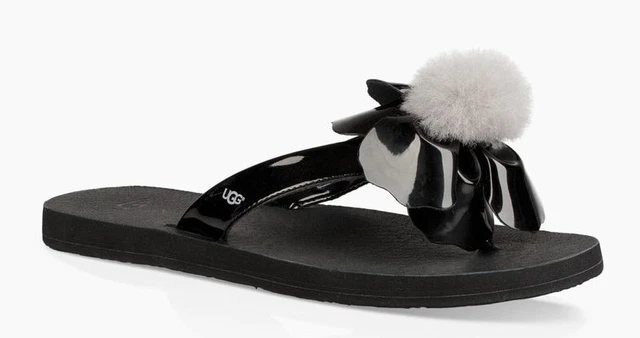 UGG POPPY Black Nero Pon Pon in pelliccia 1090489 SANDALI