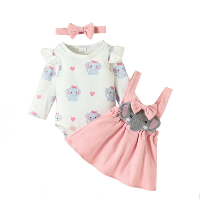 Baby Girls Cute Clothes Sets Long Sleeve Pullover Romper Bowknot Suspender Skirt
