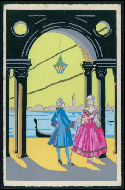 Art Deco unsigned hand painted Pochoir Venice love romance old 1920s postcard