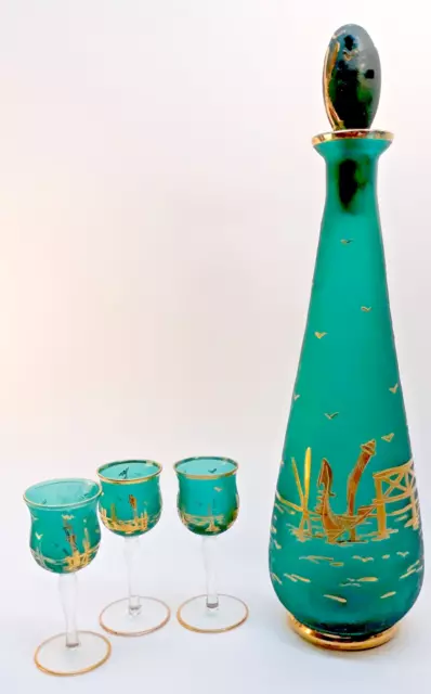 1960s Bischoff Green Gold Hand Blown Venetian Glass Decanter Set W/ 3 Glasses