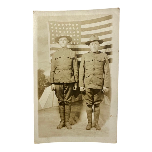 ANTIQUE RPPC WWI Army Soldiers Posing Military US Flag Real Photo 