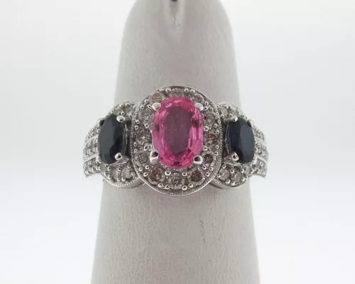 Natural Pink Blue Sapphires Diamonds Solid 14k White Gold 3-Stones Ring