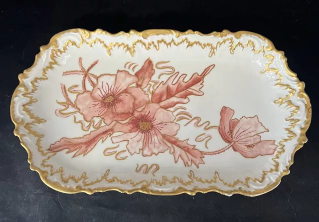 Antique Coiffe et Cie Limoges France Hand Painted Pink Flower Porcelain Tray 16”