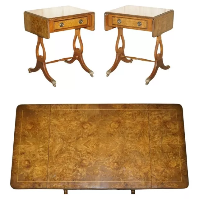 Pair Of Burr & Burl Walnut Extending Side End Lamp Tables With Lion Paw Castors