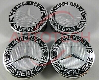 Set of 4 Mercedes-Benz Classic Silver/Black Wheel CenterCaps - 75MM AMG Wreath