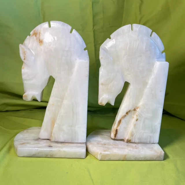 Trojan Horse Head Bookends Carved Onyx Alabaster Marble Stone Book Ends 9 ” Pair 2