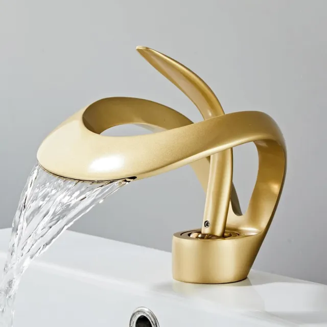 Gold Waterfall Bathroom Vessel Sink Faucet Single Hole Single Handle Mixer Tap