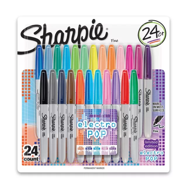 SHARPIE Electro Pop Permanent Markers, Fine Point, Assorted Colors, 24 Count