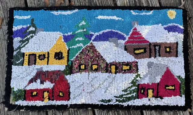 Vintage Hand Hooked Rug Country Scene Snow Trees 13”x23”