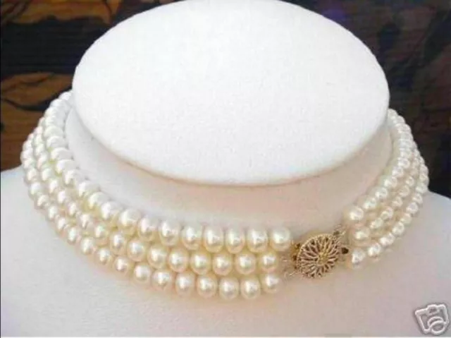 3 Rows 7-8mm Natural White Freshwater Cultured Pearl Necklace 17-19"