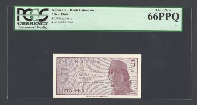 Indonesia 5 Sen 1964 P91a Uncirculated Grade 66