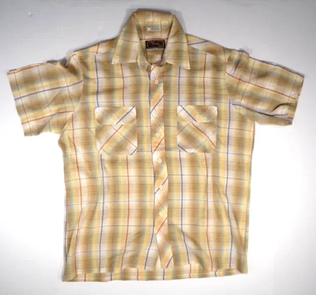 New Castle LTD. Retro 70s Short Sleeve Button Up Plaid Medium Shirt Brown