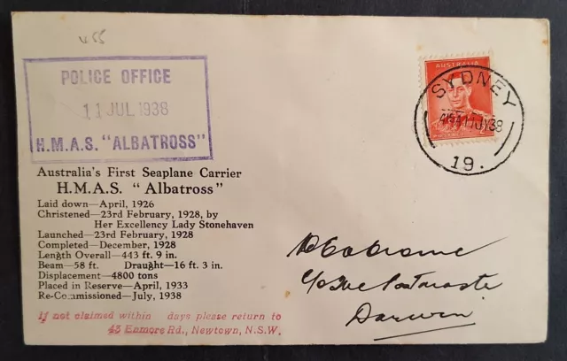 Scarce 1938 Australia POLICE OFFICE H.M.A.S. ALBATROSS Cover Sydney to Darwin