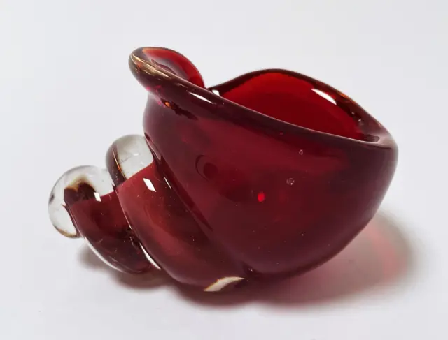Vintage Murano Seguso Art Glass Shell Open Salt Cellar Bowl Ruby Red Opalescent