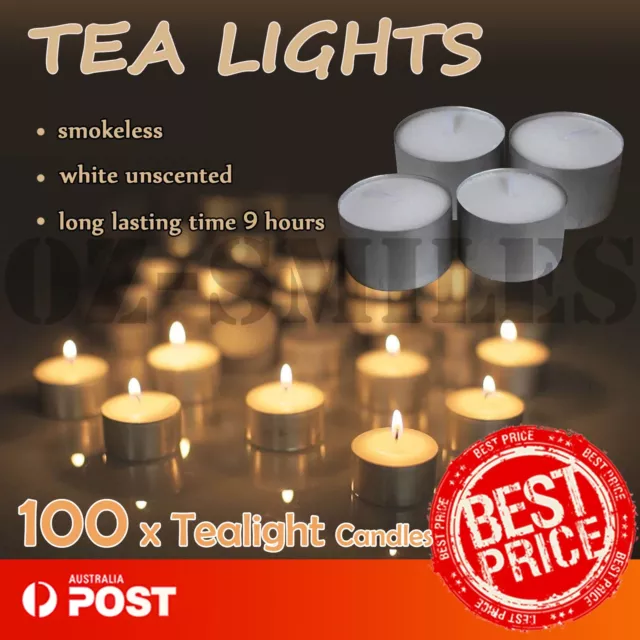 100pcs TEA LIGHT CANDLES 9 Hour Burn Tealight Wedding Smokeless Crystal Wax BULK