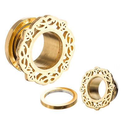 PAIR-Ornamental Gold Plate Screw On Ear Tunnels 25mm/1" Gauge Body Jewelry