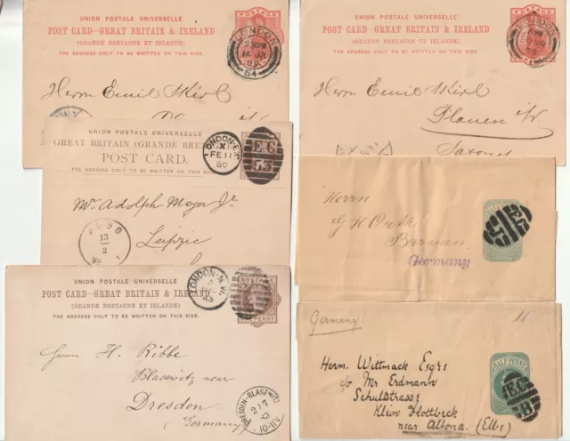 1880/99 6 Diff London Numeral & Duplex Postmarks On Postal Stationery To Germany