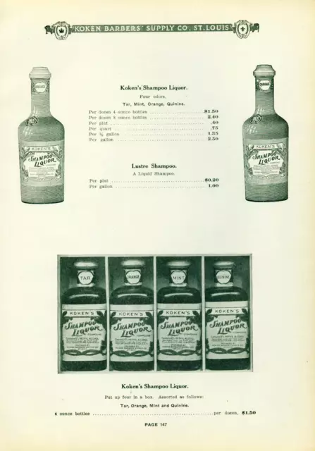 Catalog Page Ad  Koken Barber Supply Barbershop Shampoo Liquor Hair Tonic 1910