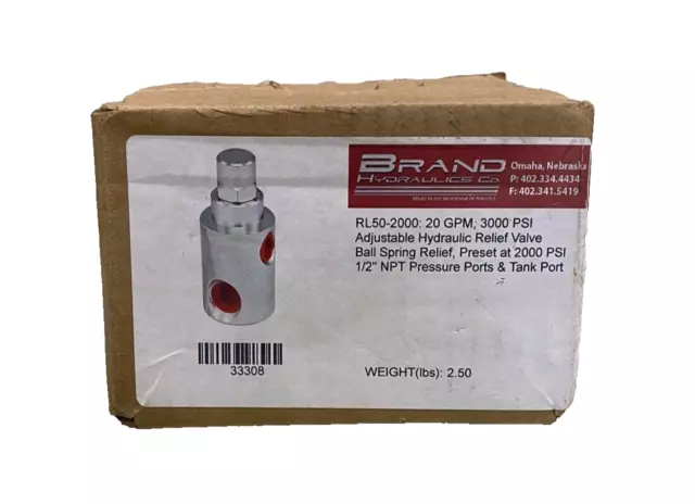 Adjustable Hydraulic Relief Valve Brand Hydraulics Co. 1/2" NPT New In Box