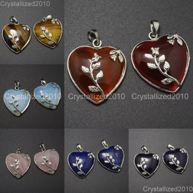Natural Gemstone Heart Silver Plated Flower Reiki Chakra Pendant Charm Beads