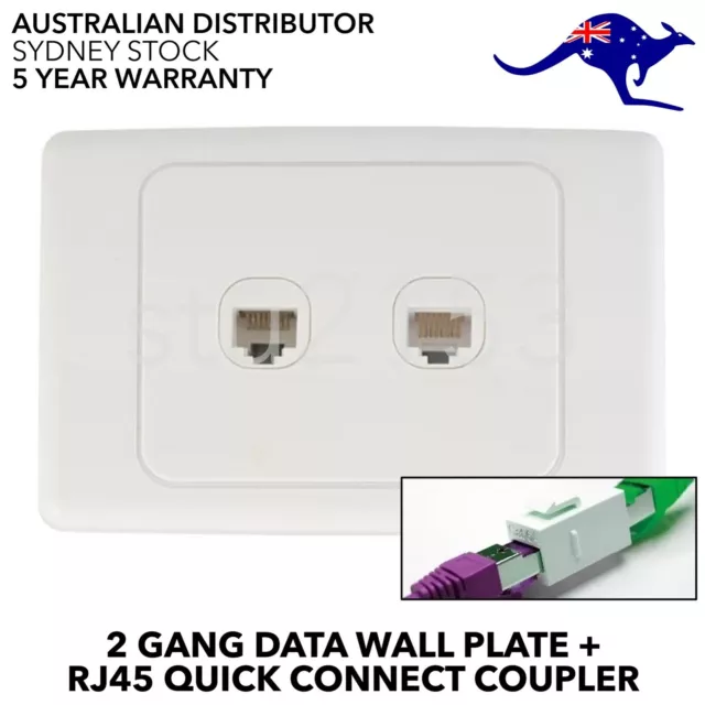 2 Gang Port Data Clipsal Style Wall Plate with RJ45 Cat6 8P8C LAN with Coupler