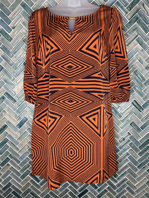 Point Rust Orange Navy Blue Half Sleeve Shift Dress Work Office Geometric Retro