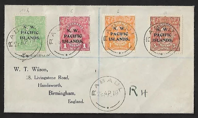 North West Pacific Islands Rabaul To Uk Registered Ovpt Stamps On Cover 1919