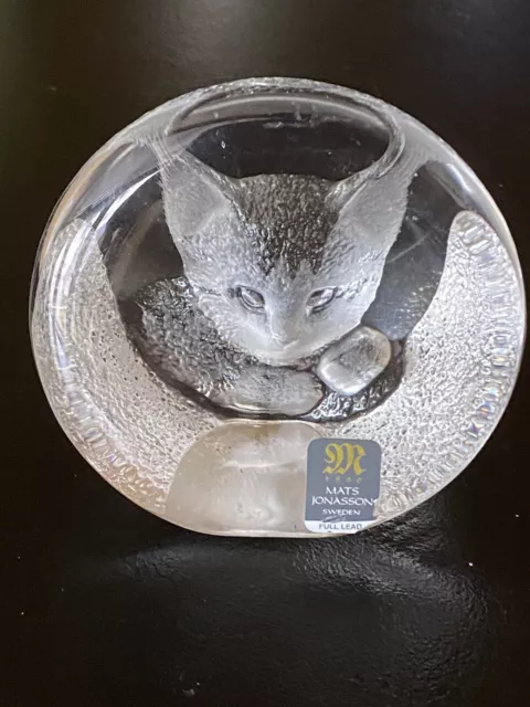 Signed Mats Jonasson Sweden Lead Crystal Art Glass Cat Kitten Paperweight