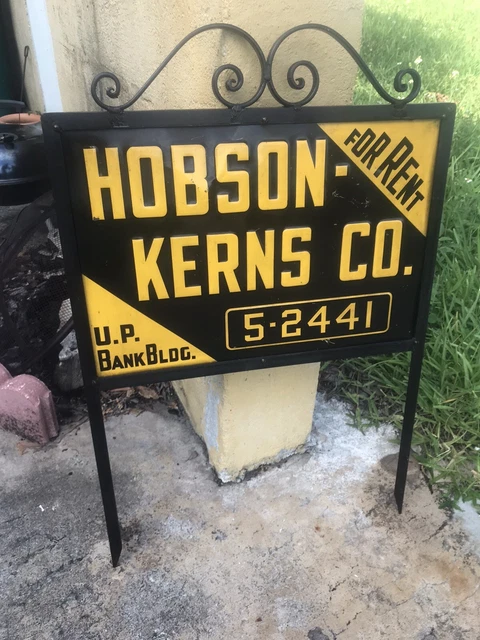 Vintage Early Mid 1900’s Pressed Tin Real Estate Sign & Cast Iron Display Stand