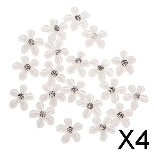4X 20 Blumen Flatback Button Strass Verzierungen für Hochzeit weiß