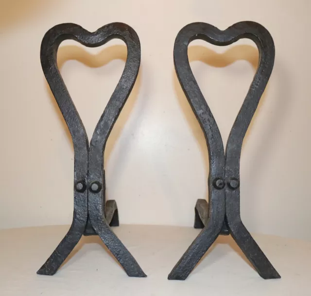 LARGE pair antique 18th century wrought iron heart fireplace andirons firedogs