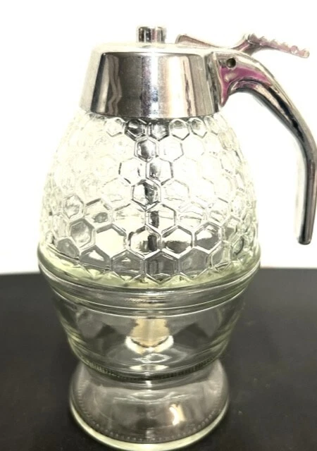 Vintage clear glass honeycomb honey syrup dripper dispenser jar with stand
