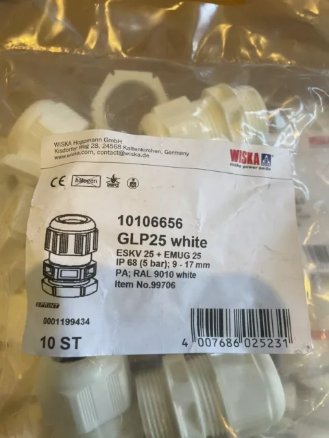 Glándula de compresión Wiska GLP25 25 mm IP68 con tuerca blanca (paquete de 10)