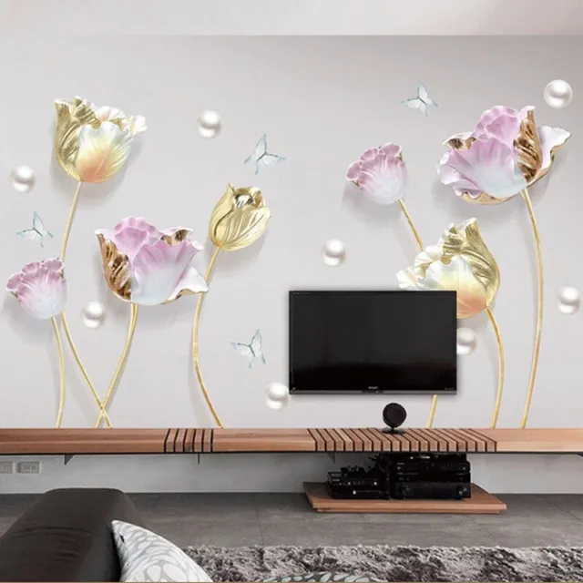 3D Tulips Flowers Wall Stickers Huge Vinyl Mural Home Room Decor Wall Decals