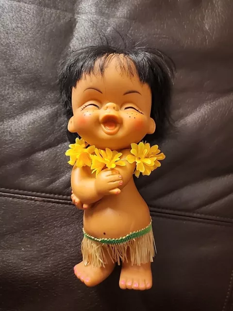 Vintage Hawaiian Hula Girl Dancer Doll Aloha Grass Skirt Moody Cuties Vinyl 9.5”