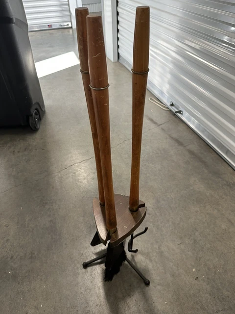 Mid 20th Century Modernist Wood Handle Fire Tools in Stand