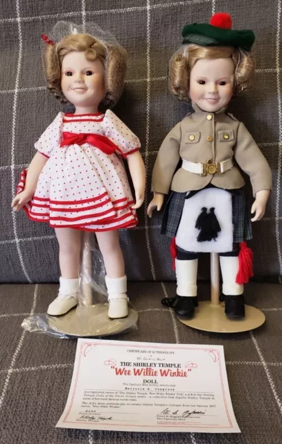 Lot of 2 Danbury Mint 14" Shirley Temple Dolls Wee Willie Winkie Stand Up& Cheer