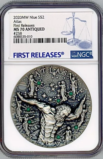 ATLAS TITANS GODS GLOW IN THE DARK 2020 2oz SILVER COIN NGC MS 70 ANTIQUED FR