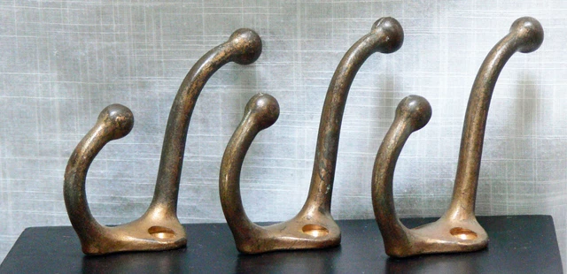 3 Vintage Old School Solid Brass Coat Hooks