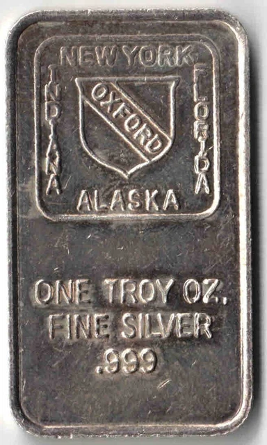 Vintage Oxford Mint NY, AK, IN, FL- 1 Troy Ounce .999 Fine Silver Bar