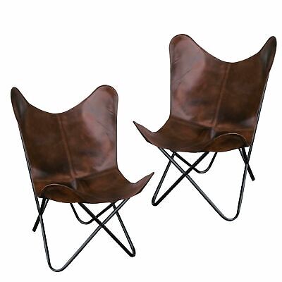 2 Brown Vintage Buffalo Leather Butterfly Chair Handmade Home Garden Arm Chair