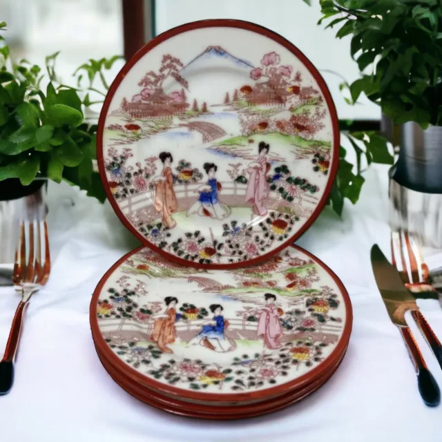 Vintage Japanese Kutani Geisha Porcelain Hand Painted Dessert Plate Set of 4