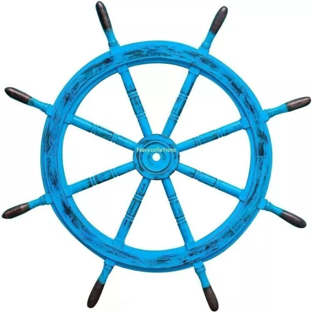 Blue Painted Style  Maritime Nautical Boat Wooden Wheel 36" Steering Wheel Brass