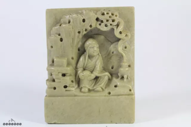 Chinese Qing Dynasty Carved Soapstone Luohan & Censer