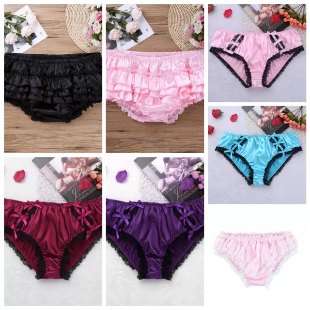 Sissy Men's Satin Lace Ruffled Underwear Sexy Pouch Briefs Bikini Thong Panties