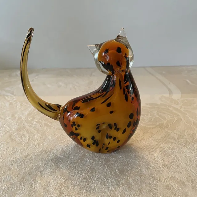 Cat Figurine Murano Style Sommerso Blown Glass Art Glass Paperweight Spotted