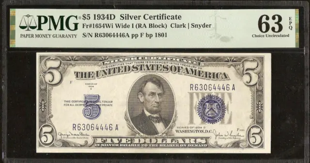 Unc 1934D $5 Bill Wide I Silver Certificate Blue Seal Note Money Pmg 63 Epq