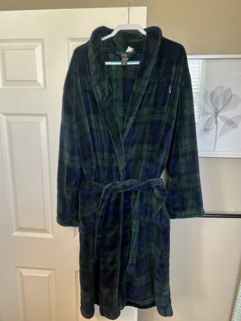 Polo Ralph Lauren Bath Robe Tartan Plaid Flannel Green Mens Size Small Tie